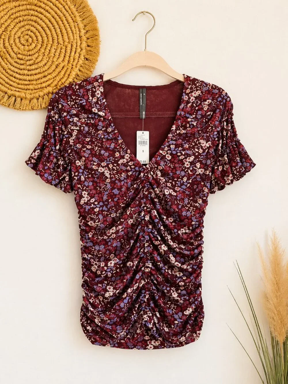 Anthropologie NEW Aurelia Ruched Shirred Red Ditsy Floral Mesh Top SZ Medium Y2K